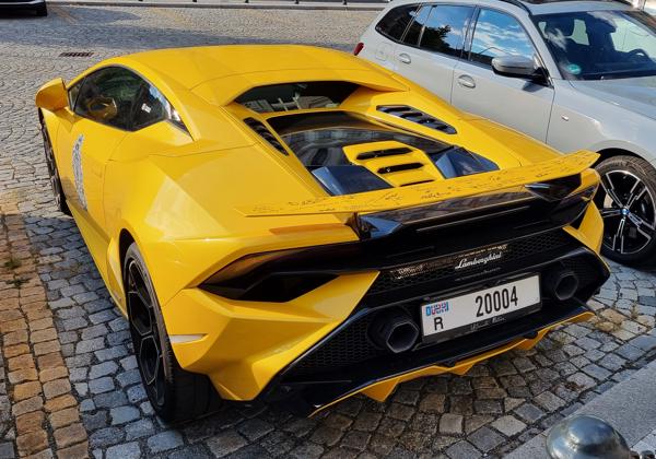 Dubai, UAE seen in Prague, Czech Republic. Photo taken on 05.07.2025. My first ever picture of UAE license plate. Even 2 of them next to each other. One on Lamborghini, second on Ferrari.