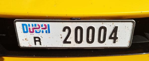 Dubai, UAE seen in Prague, Czech Republic. Photo taken on 05.07.2025. My first ever picture of UAE license plate. Even 2 of them next to each other. One on Lamborghini, second on Ferrari. Close-up photo of the front plate.