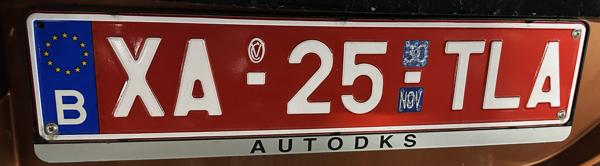 Belgium temporary license plate spotted in Bratislava, Slovakia. Photo taken on 01.03.2026. Close-up photo of the rear plate.