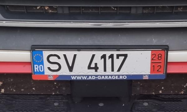 Suceava County, Romania long-term temporary plate spotted in Humpolec, Czech Republic. Valid till December 2028. Photo taken on 05.07.2025. Close-up photo of the front plate.