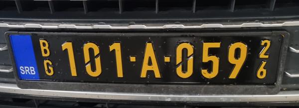 Belgrade, Serbia diplomatic plate spotted in Bratislava, Slovakia. 101 = European Union. Photo taken on 27.10.2025. Close-up photo of the front plate.