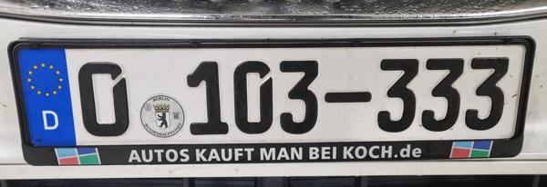 Germany diplomatic plate spotted in Bratislava, Slovakia. 103 = Oman. Photo taken on 23.12.2025. Close-up photo of the front plate.