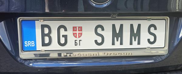 Belgrade, Serbia vanity plate spotted in Bratislava, Slovakia. Photo taken on 20.04.2026. Close-up photo of the rear plate.